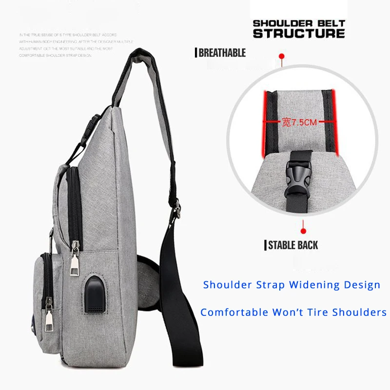Women Gray Black Chest Bags USB Charging Male Boys Oxford Travel Single Strap Casual Crossbody Office Messenger Bag Pack 372