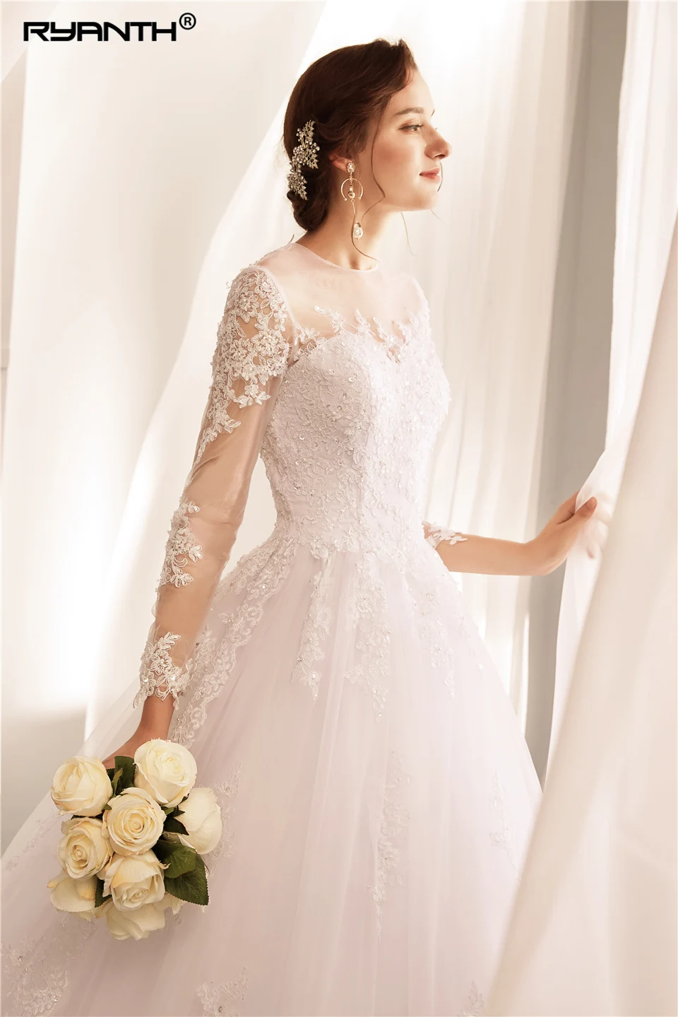 Женское свадебное платье с длинным рукавом Vestido de Noiva дешевое прозрачное бальное