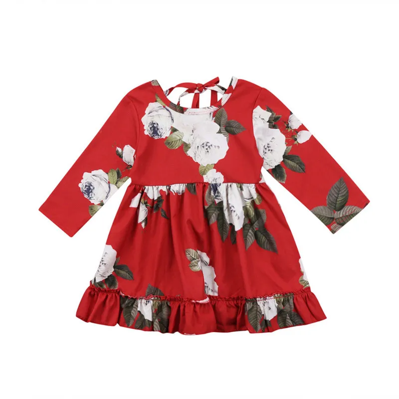 Hot Toddler Kids Girl Long Sleeve Flower Party Dress Ruffle Back Lace-up Princess Summer Sundress Clothes Cotton 1-6T | Детская одежда