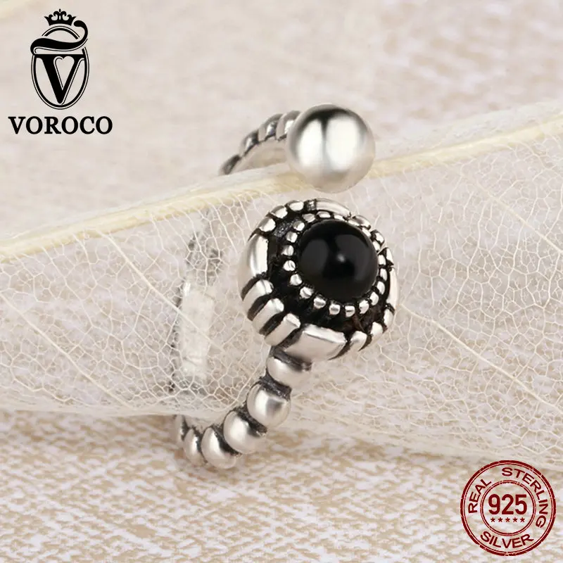 VOROCO 100% Подлинная Стерлингового Серебра 925 Черный Агат Кольцо Регулируемый Палец