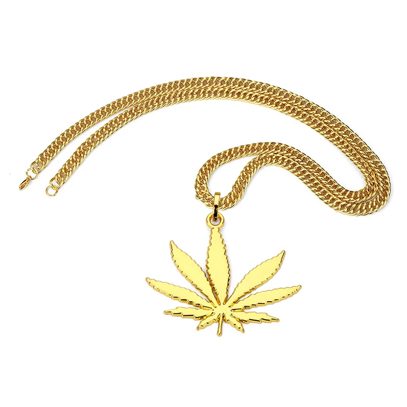 Brand Fashion Men Hemp Leaf Pendant Necklace Iced Out HipHop Gold Silver Color Long Statement Rapper Cuban Chains | Украшения и
