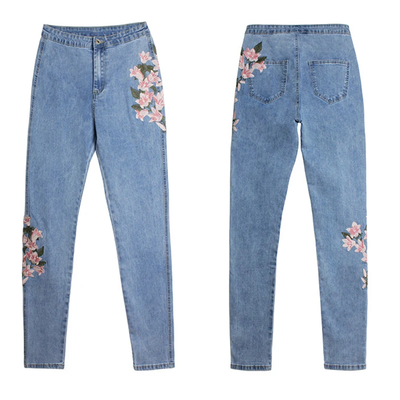 CbuCyi Сезон весна Модная женская обувь с вышивкой узкие джинсы размера плюс