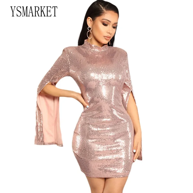 Фото Розовое платье с блестками и длинным рукавом модная женская одежда Vestidos вечернее Розовое платье с блестками и длинным рукавом модная женская одежда Vestidos вечернее