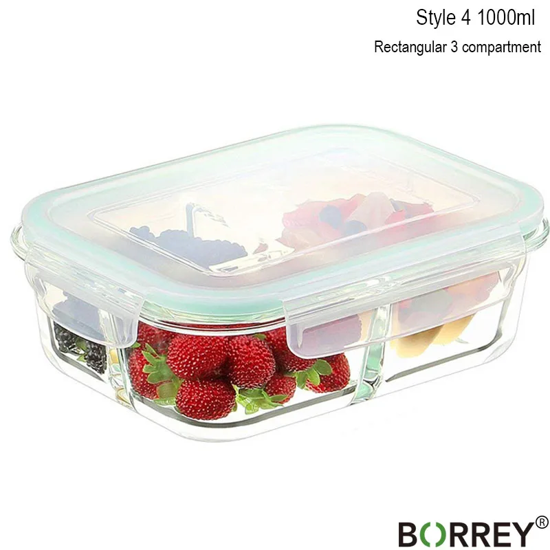 Style 4 BORREY 1000 мл стеклянный Ланч-бокс для микроволновой печи с 3 упаковками, коробка для хранения продуктов, кухонные контейнеры, коробка для хранения свежих продуктов - Цвет: Style 4