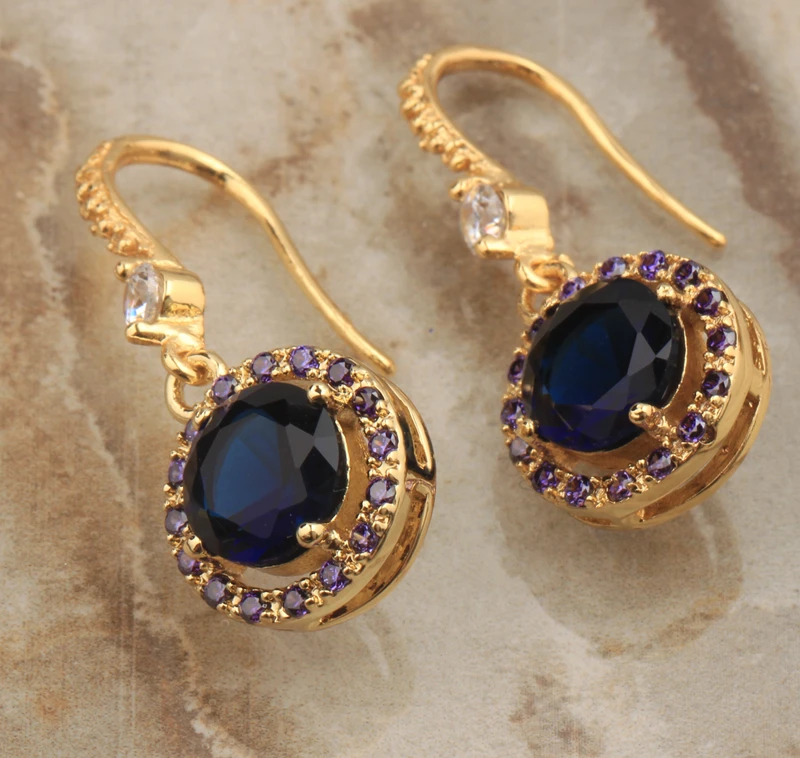 Прямые синие ограниченные драгоценные камни фиолетовый циркон позолоченные ювелирные изделия Висячие серьги S5163