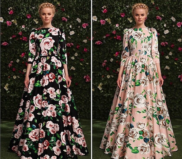 

Summer Autumn New Fashion Women Plus Size High Street Runway Fall 3/4 Sleeve Stunning Printed Long Dress Printing Maxi Dresses