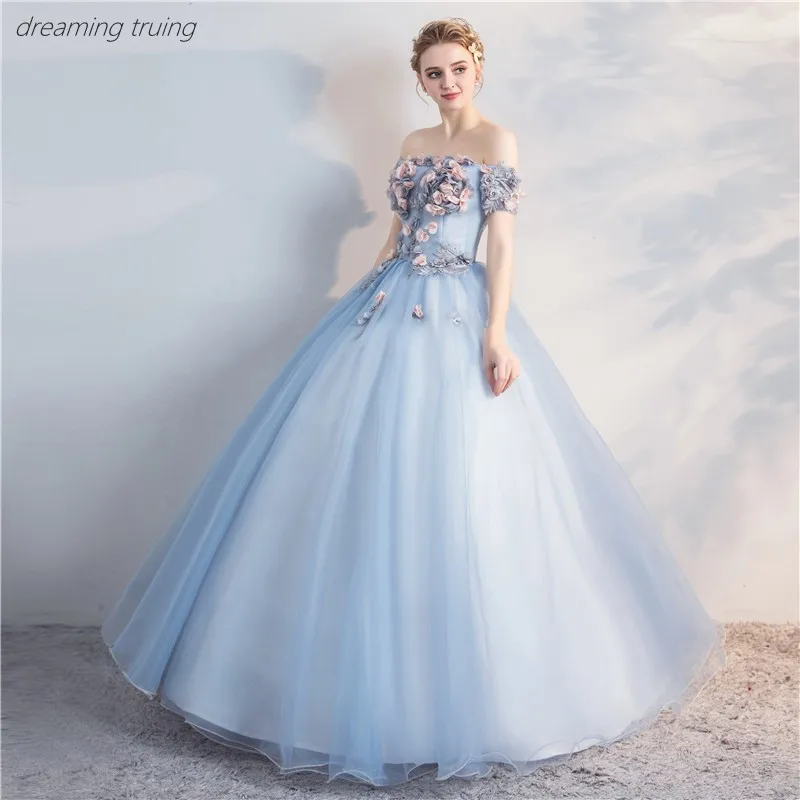 Vestidos De 15, бальные платья, милые 16, короткие рукава, вырез лодочкой, длинные небесно-голубые Бальные платья, 3D цветы, для Бальные платья 15 лет