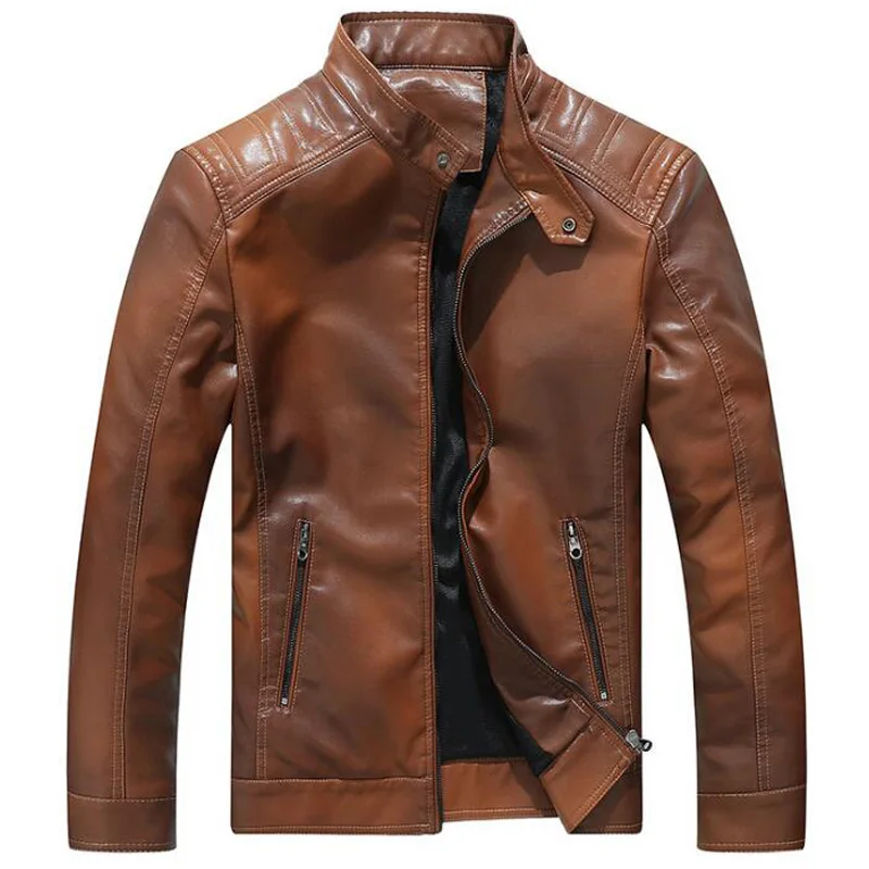 Коричневый Кожаная куртка мужская мода Стенд воротник флисовые пальто chaqueta cuero hombre мужские s Повседневный из кожзаменителя мотоциклетные байкерские куртки - Цвет: Коричневый