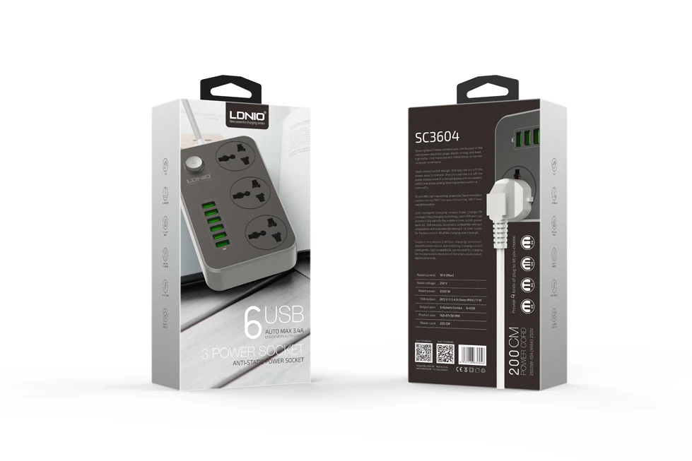 LDNIO SC3604 10A силовая лента 6 USB 3 Универсальная Розетка с защитой от перегрузки выключатель