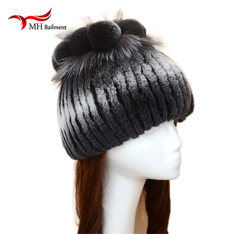 Настоящий мех кролика шапка с серебристым лисьим мехом цветы Топ вязаные шапочки