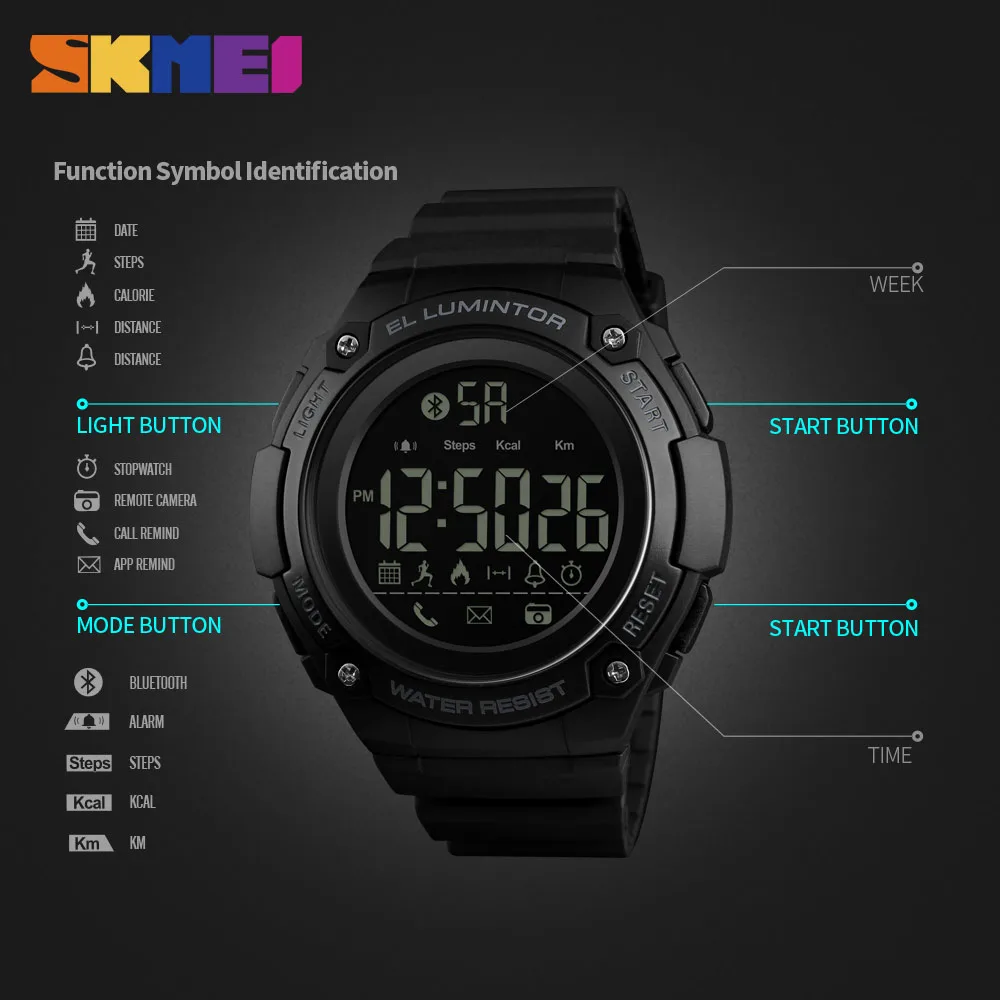 Skmei мужские цифровые часы спортивные военные модные водонепроницаемые Bluetooth