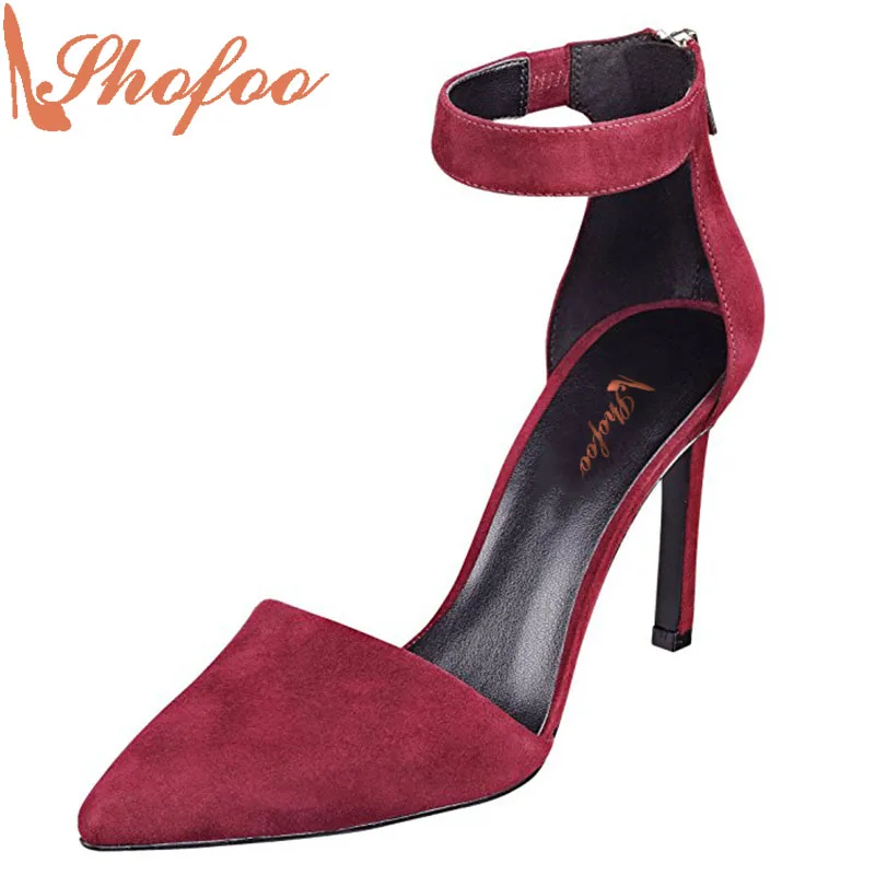 Shofoo/Брендовая обувь женские туфли лодочки на высоком каблуке винного цвета