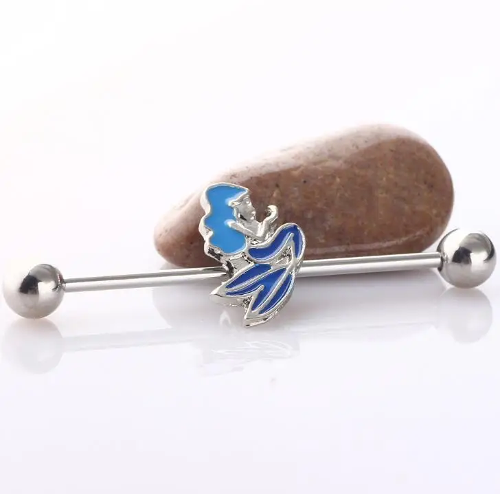 Цельнокроеное платье новые 14G 38 мм Длина Нержавеющая сталь Промышленные штангой для купания Русалочка серьги рыбки для девочек пирсинг тела, ушей ювелирные изделия