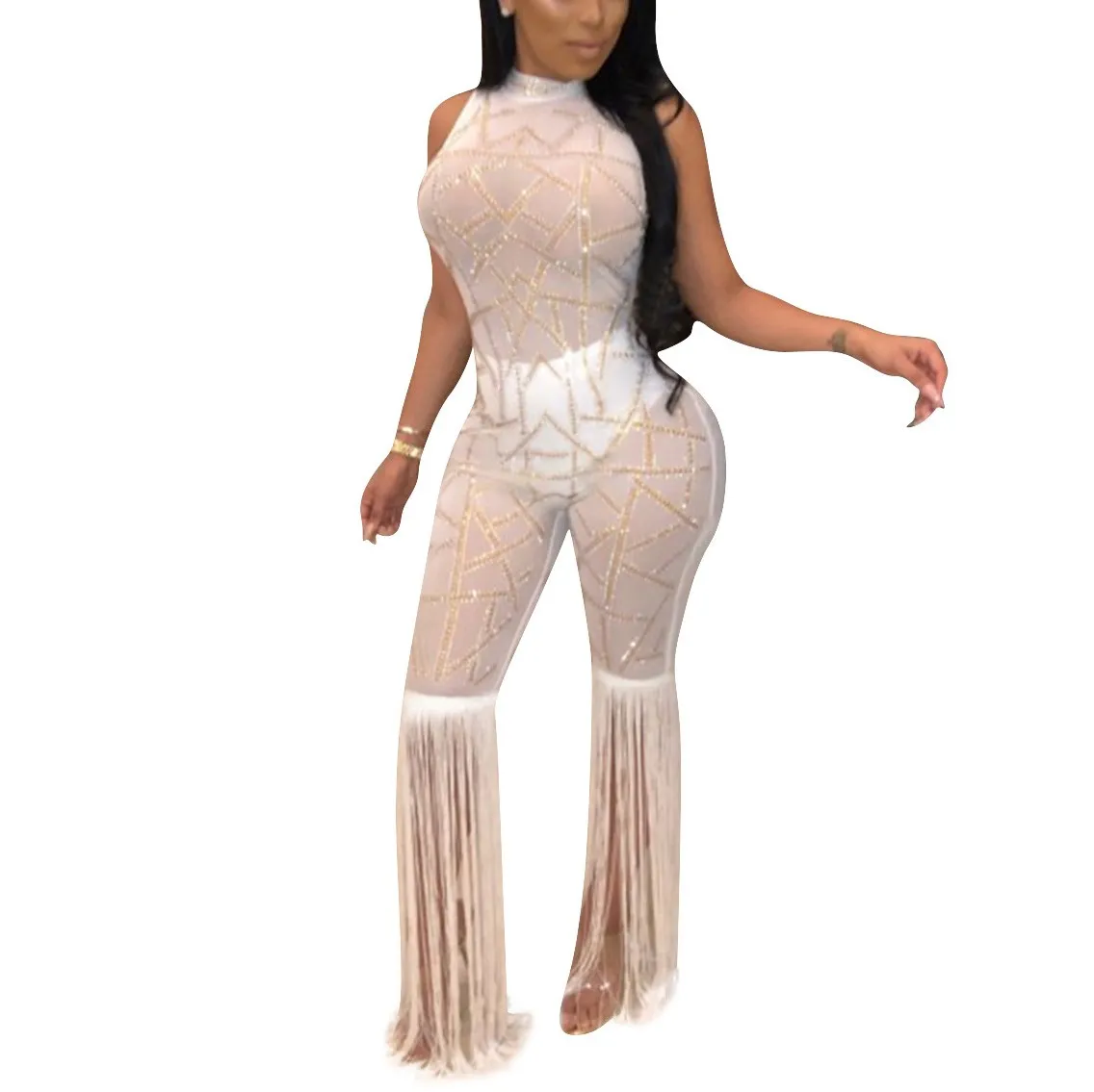 Tassel Patchwork Sheer Mesh Jumpsuit NEW Women Transparent Sexy Night Club Party Romper Overalls Costume Outfit | Женская одежда