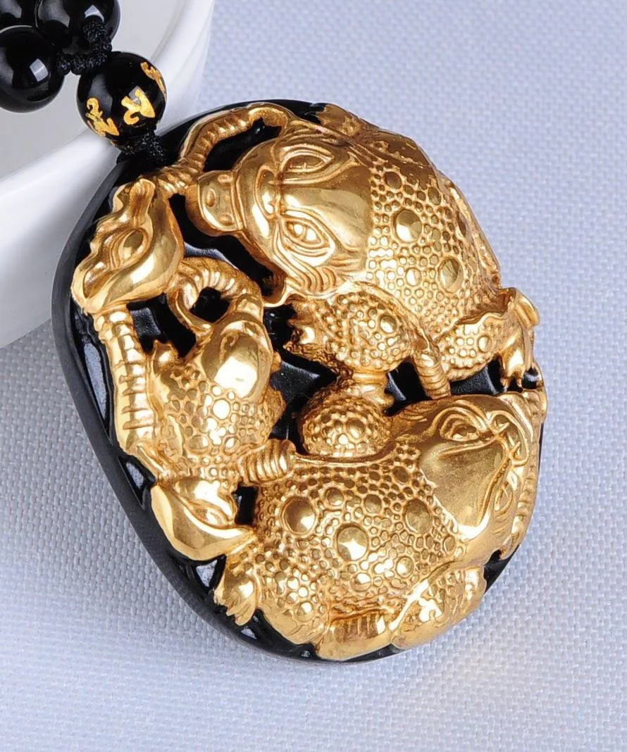 Оптовая продажа золото натуральный черный обсидиан Вырезка Будды Spittor Lucky амулет