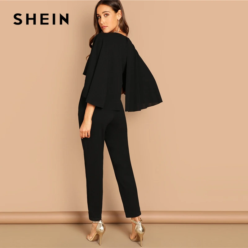 SHEIN Однотонный Комбинезон-Пончо С V-Образным Вырезом Женский Черный Осенний Элегантный Комбинезон С Высокой Талией