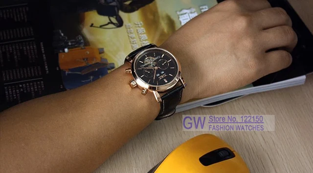 Tourbillon Men's gold case automatic Mechanical Celandar function Leather Wristwatch Original Brand Jaragar | Наручные часы