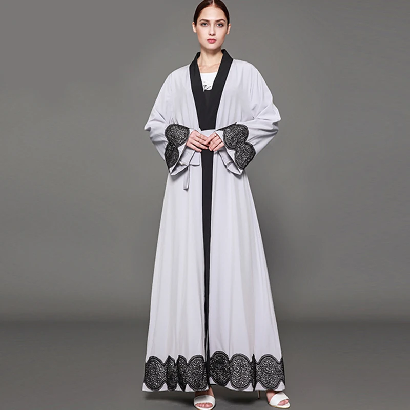 Платье кимоно для женщин мода размера плюс Черное кружево Abaya белый кардиган
