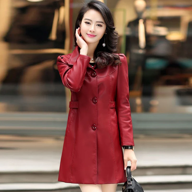 Женская Длинная кожаная куртка Повседневная однотонная ветровка большого