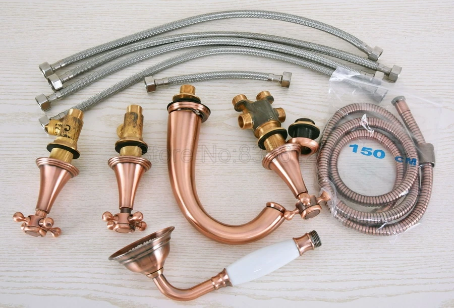 

Antique Red Copper 5pcs Bathroom Tub Sink Faucet with Hand Shower Deck Mounted 5 Holes Three Cross Handles Bathtub Taps ttf204