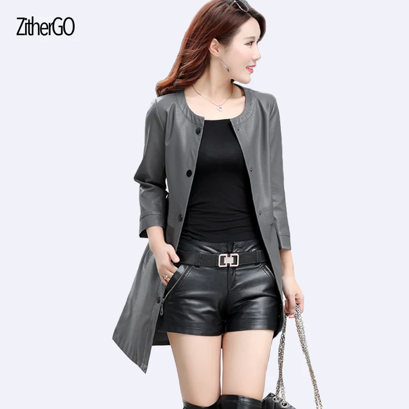 2017 Осенняя женская новая кожаная куртка однотонная с круглым вырезом и длинными