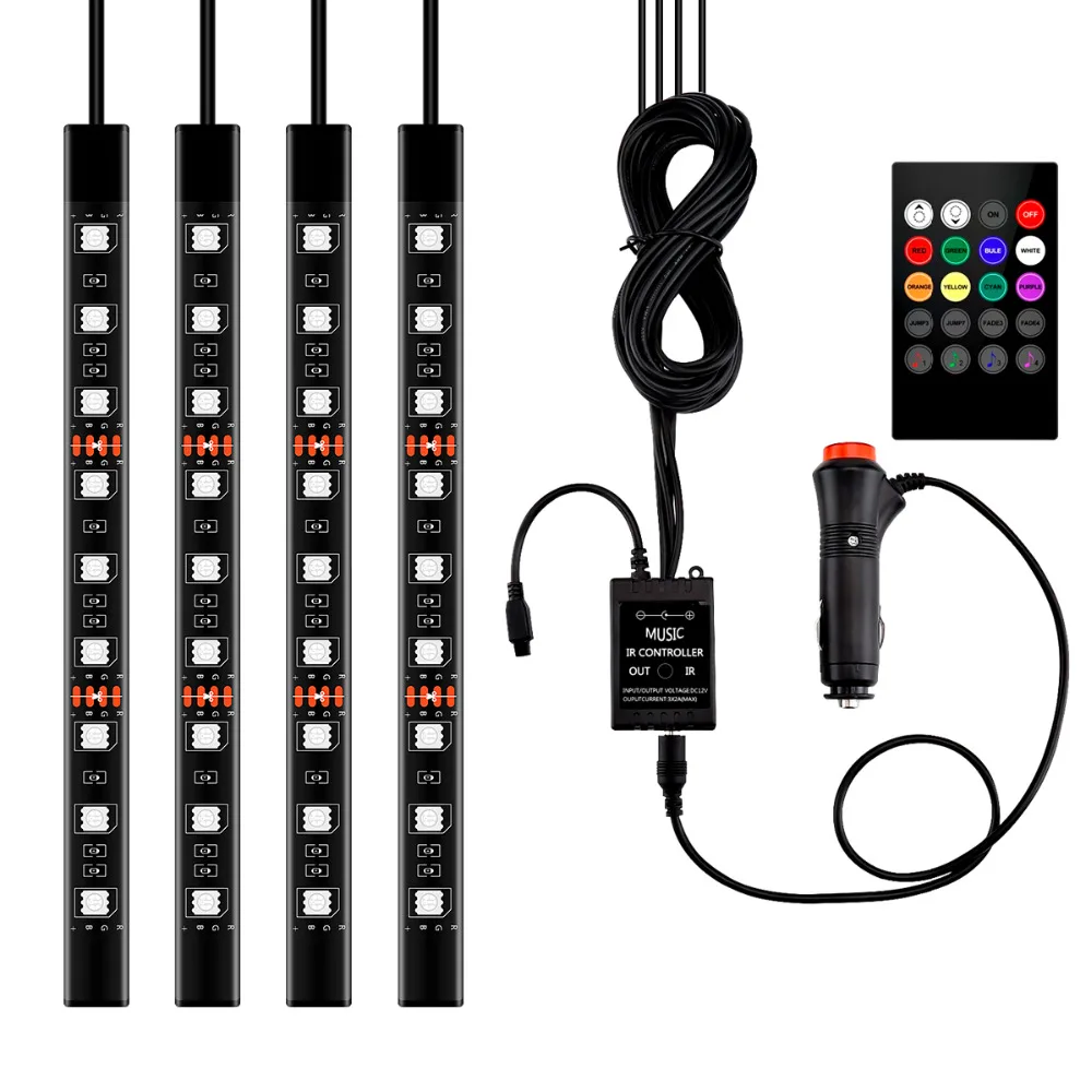 4X9LED гибкие звук голоса Управление Автомобильный светильник салона RGB