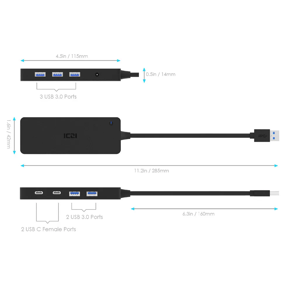 ICZI USB 3 0 концентратор TYPE C/F * 2 порта + 5 портов источник питания постоянного тока для