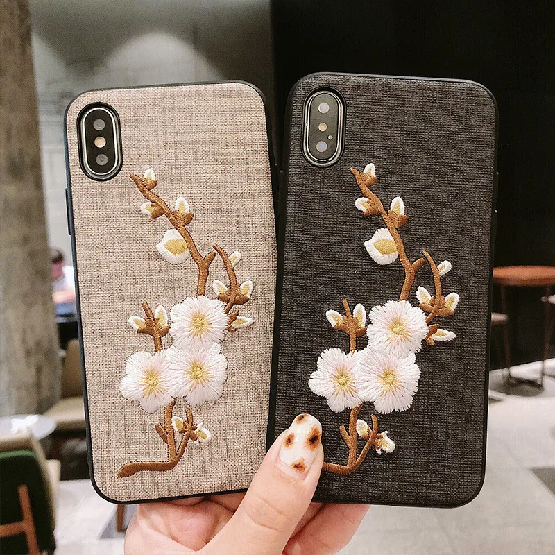 Модные 3D рельефные тканевые чехлы с вышивкой для iPhone X, цветочный чехол для iPhone 8, 7, 6, 6S Plus, X, XS, XR MAX Funda