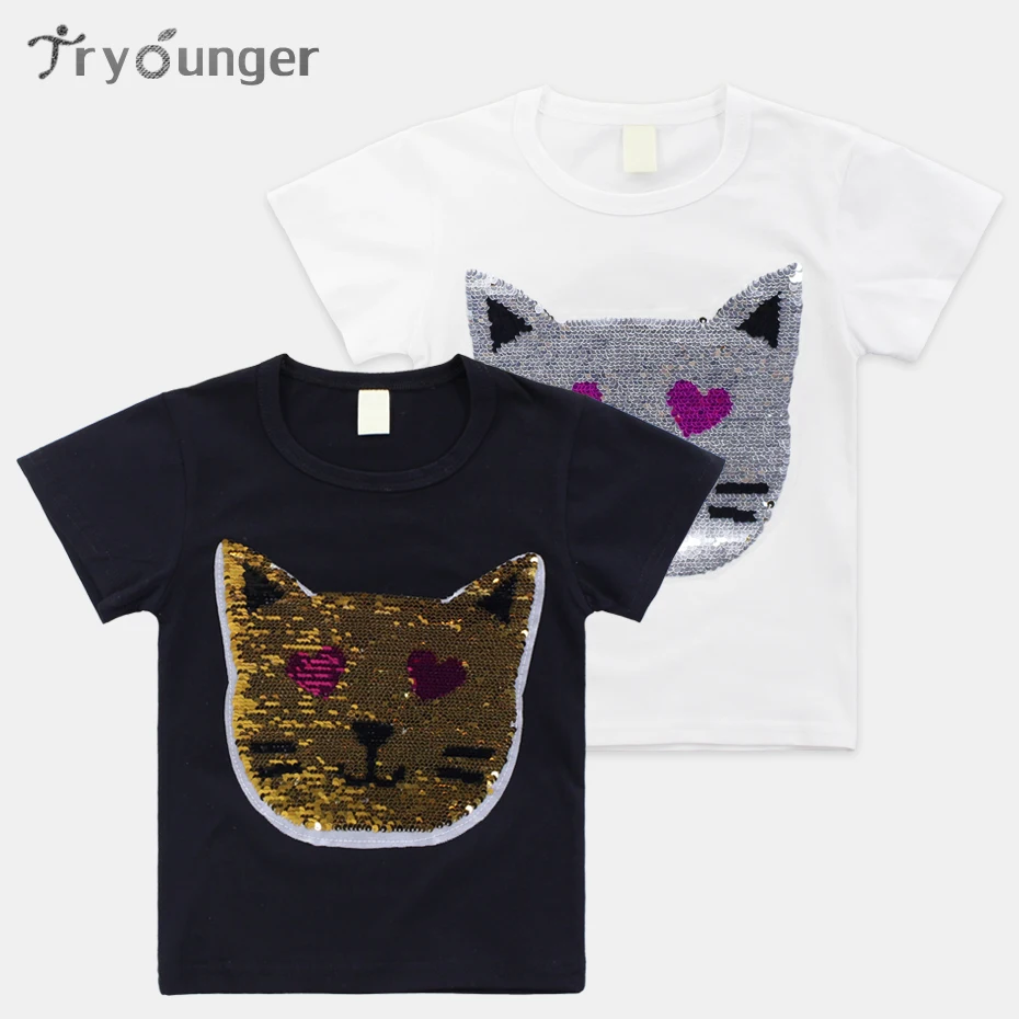 Летние рубашки для девочек модная футболка со сменными блестками и котом Детские