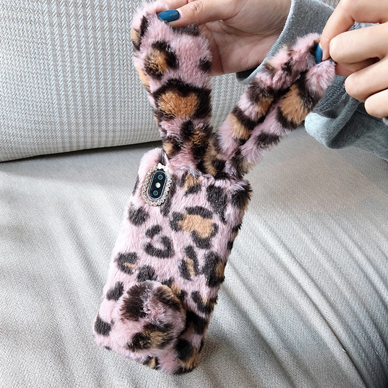 Милый плюшевый чехол с леопардовым принтом и кроличьим мехом для iPhone X XR XS Max