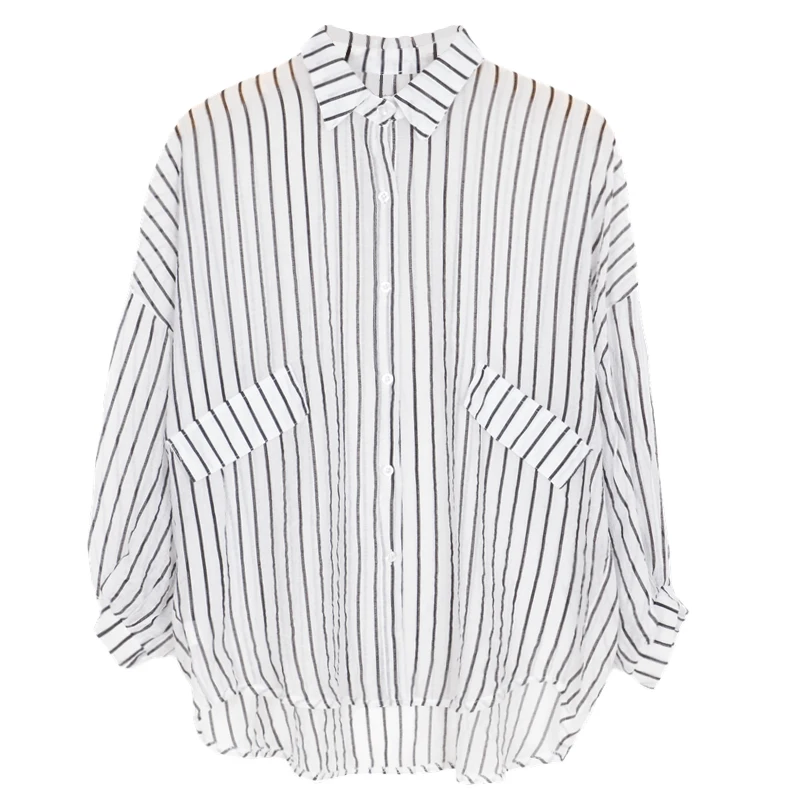 2018 summer new Harajuku fashion lapel impact coloring vertical stripe perspective long sleeved shirt. |