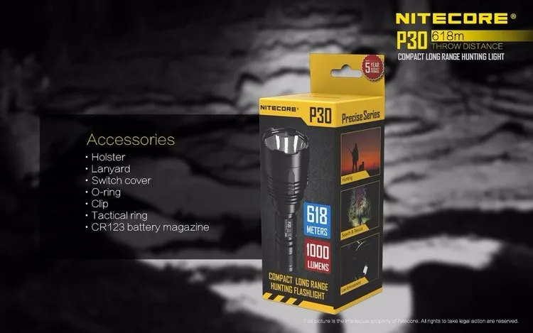 NITECORE P30 5 режимов CREE XP-L HI V3 светодиодный светильник-вспышка 1000 лм большой дальности 618 м на 18650 Аккумулятор для охотничий фонарь, поисковый светильник