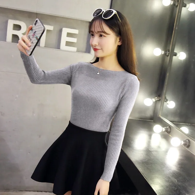 Autumn Winter Knitted Sweater Women Long Sleeve Pullover Tops 2019 Korean Style Casual Solid Slash Neck Slim Basic Jumper | Женская