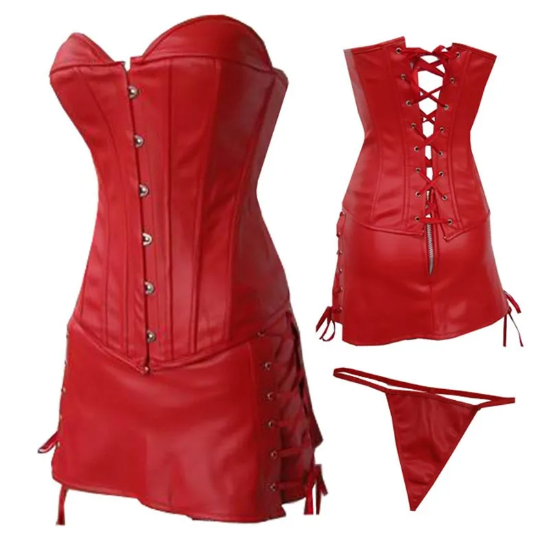 Черный красный кожаный корсет плюс размер Бюстье латекс без бретелек