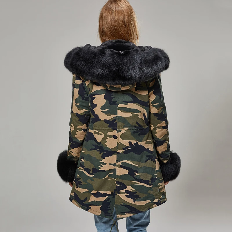 Real Fox Fur Collar Coat Coat Thick Leather Coat Natural Camouflage Winter Jacket Zipper Women'S Ladies Winter Heavy Coat Slim07