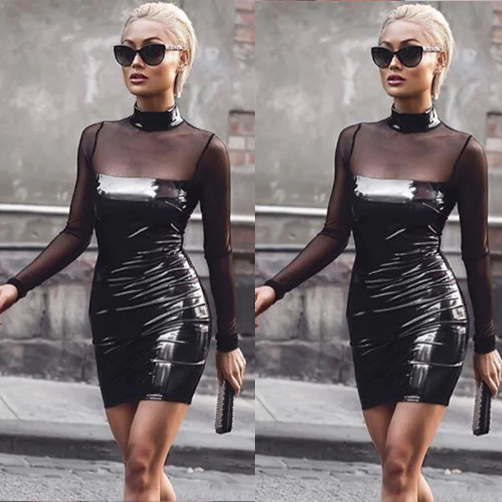 Женская ночная рубашка ПВХ с мокрым эффектом винила Bodycon Дамы Черное мини