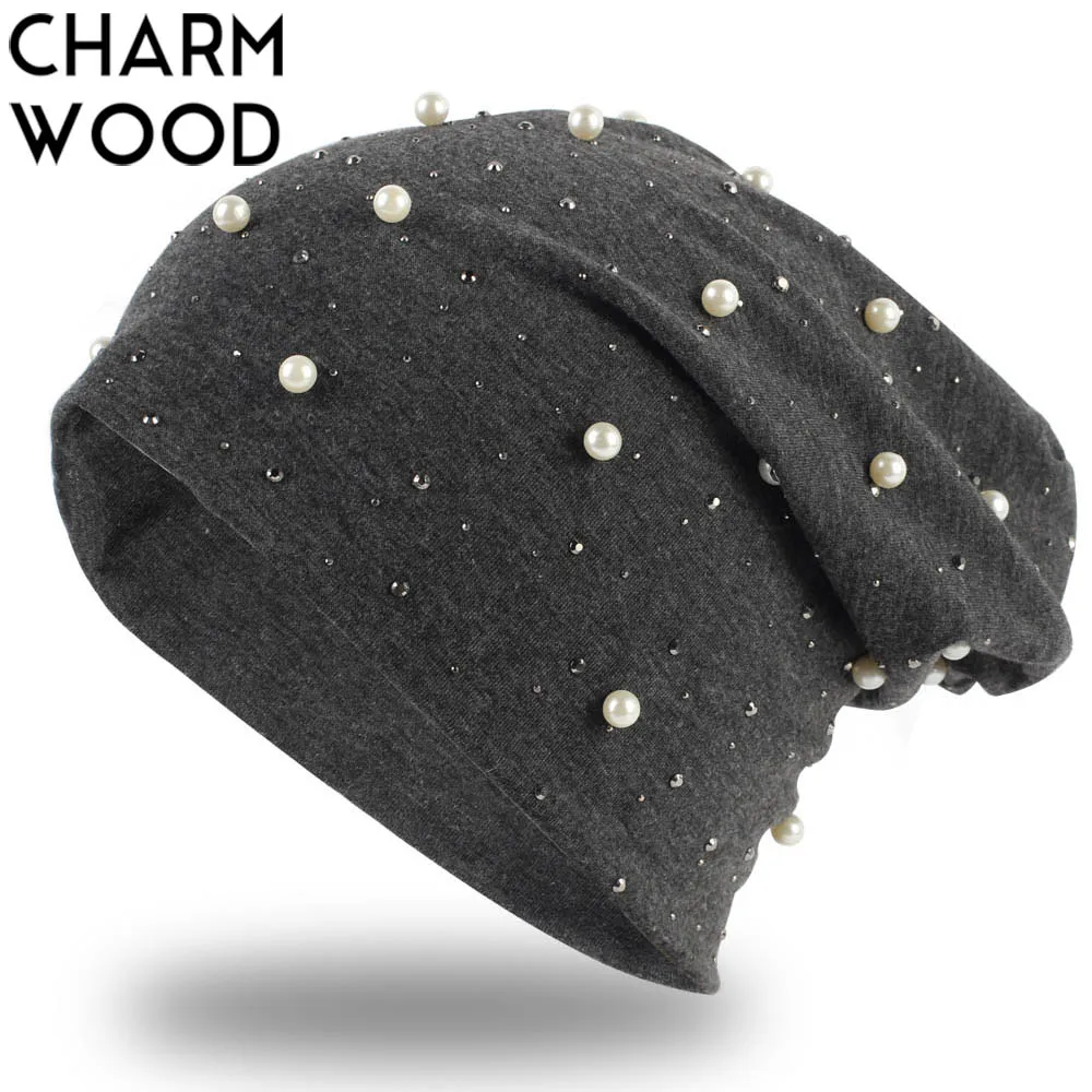 Женская жемчужная шапка бини осенний модный серебряный горный хрусталь Skullies Beanies