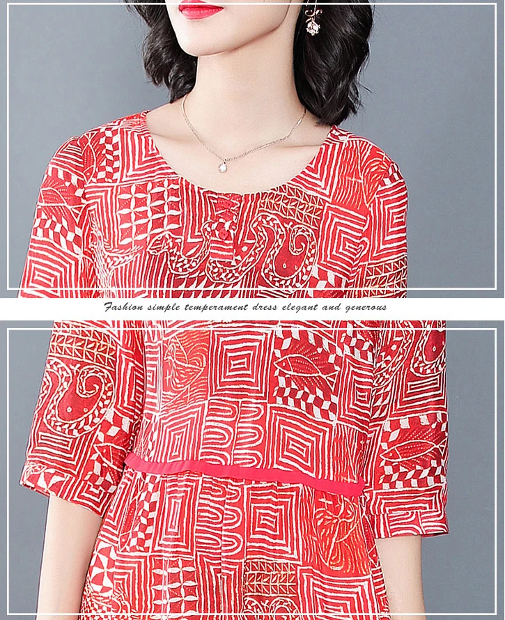 Imitate Real Silk Dress Women Temperament Slim O-neck Half Sleeved Printed Dresses Mid Calf length 2018 Spring Summer | Женская одежда