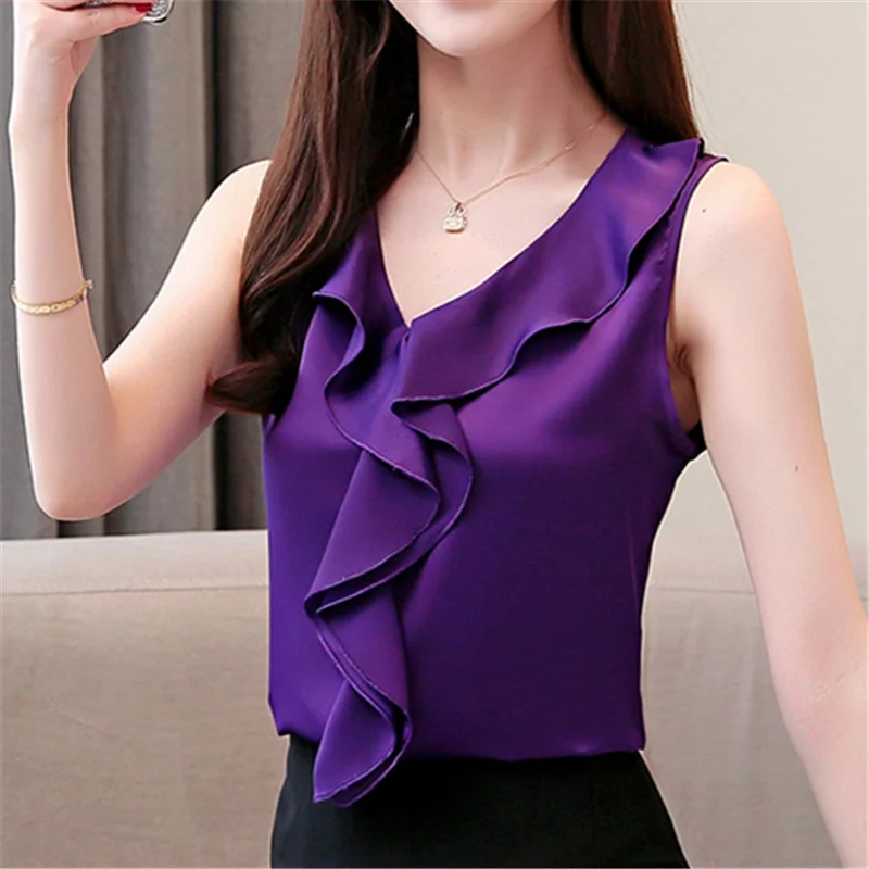 

2019 New Fashion Summer Women Blouses And Shirts Sleeveless V Neck Solid Chiffon Tops Plus Size Office Ladies Clothing Blusas