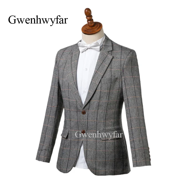 Gwenhwyfar 2018 Зимний Новый Винтажный шерстяной мужской костюм с узором в елочку черно