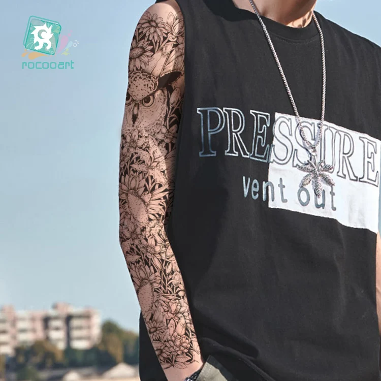 Rocooart Черная Мужская временная татуировка наклейка полная для боди-арта SleeveTattoo Сова череп дизайн Большая водонепроницаемая татуировка