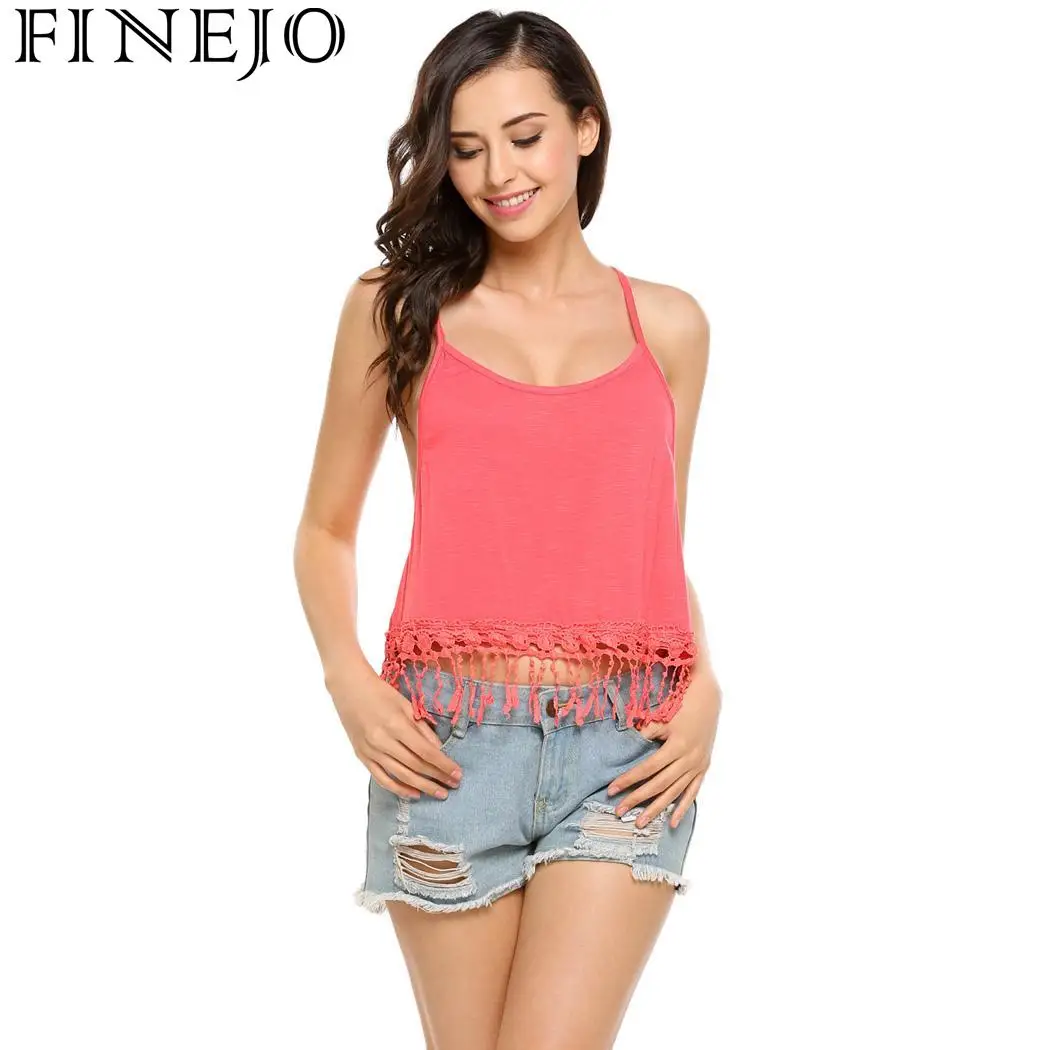 FINEJO Crochet Fashion Sexy Round Neck Spaghetti Strap Solid Women Lace Fringed Cropped Cami Tops | Женская одежда
