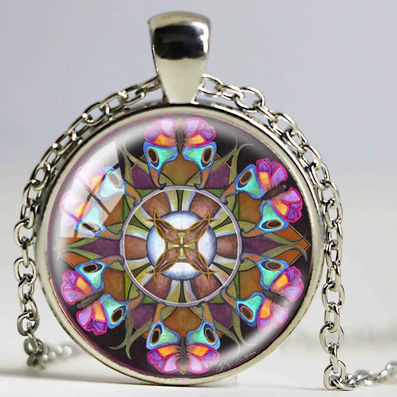 1 шт. чакра кулон ожерелье с серебряным покрытием цепи и yoga Мандала стеклянная