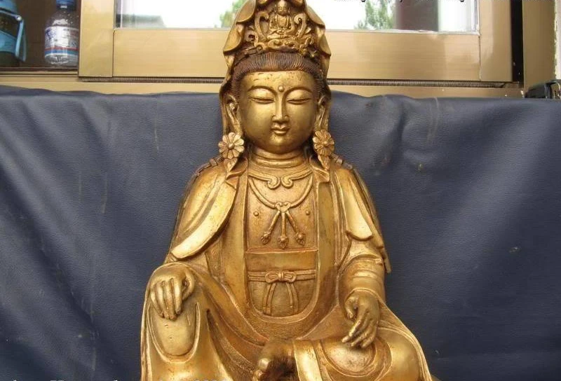 Китайская Бронзовая позолота kwan-Yin Bodhisattva Guan Yin статуя Будды | Дом и сад
