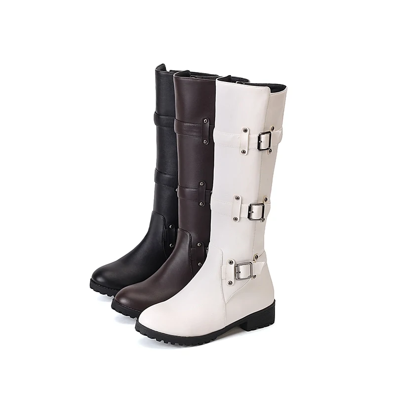 ASILETO Knee High boots women Motorcycle Boots flat Heels Buckle Shoes woman autumn Winter Riding botte booties bota D474|Сапоги до