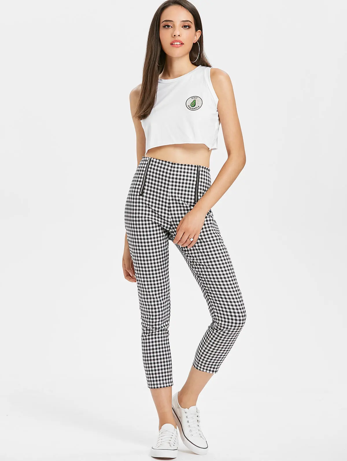 ZAFUL Ситцевые брюки с принтом в клетку высокой талией Лето осень Карандаш Брюки 2018