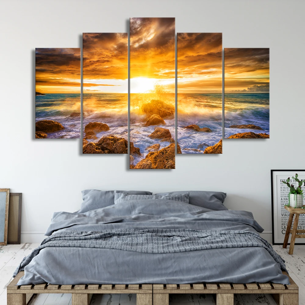 5 Pieces Modern Wall Art Canvas Unframed Modular Sunrise Panel Print Painting Decorative Sunset Seascape Picture Home Decor | Дом и сад