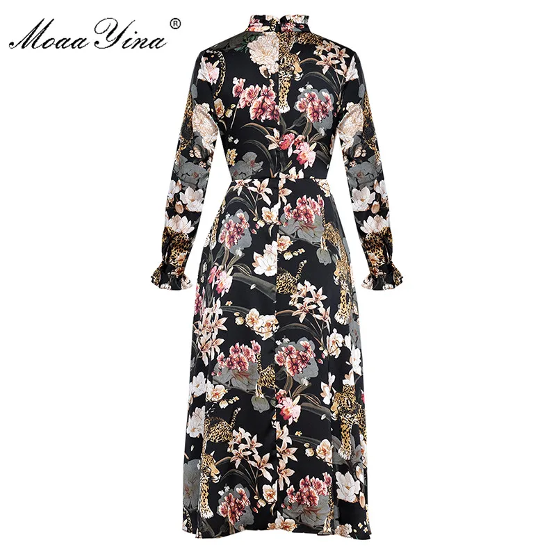MoaaYina животного Floral Print Стенд воротник с длинным рукавом сетки вышивка алмаз узкие