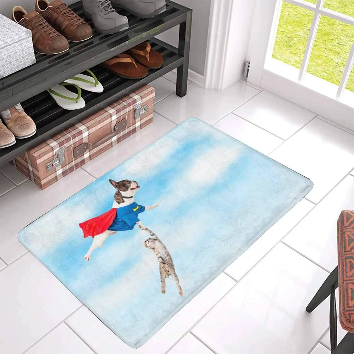 Funny Super Hero Dog Flying Through Clouds While Rescuing Kitten Anti-Slip Door Mat Home Decor Personalized Indoor | Дом и сад