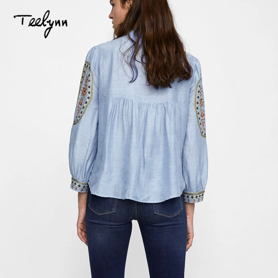 TEELYNN Bule boho блузка 2020 Осенняя Цветочная вышивка o образным вырезом с пышными
